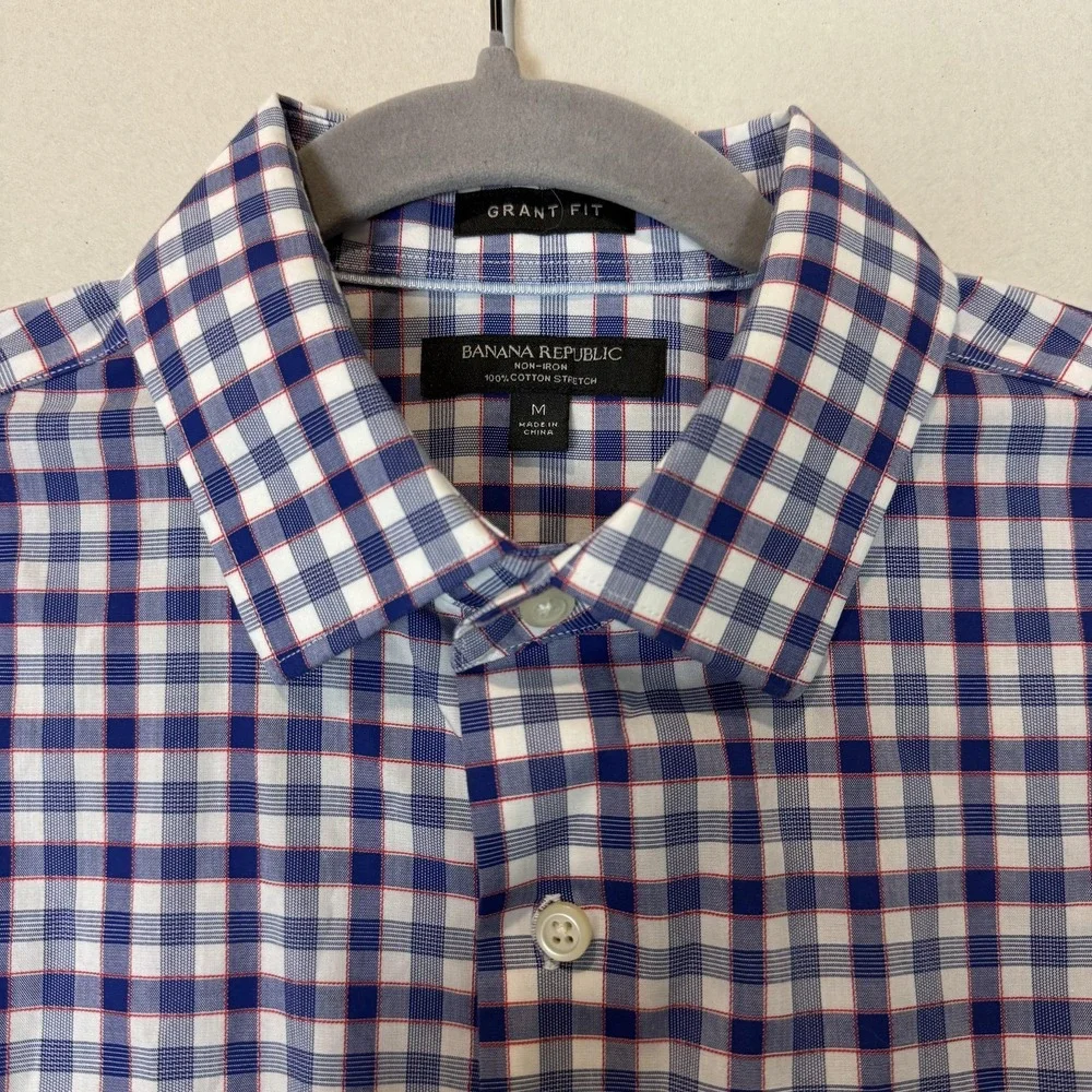 Banana Republic Dress‎ Shirt Mens Medium Blue Gingham Grant Fit Non Iron Stretch